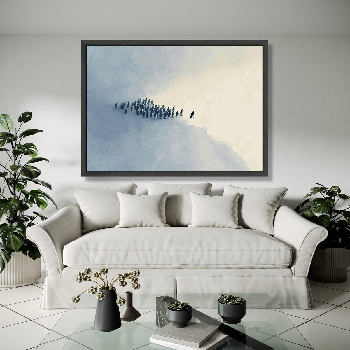 Minimalist Penguin Group Canvas, Cold Winter Scene Wall Art, Abstract Animal Painting, Modern Nature Canvas Gift Art, Home Decor, Print