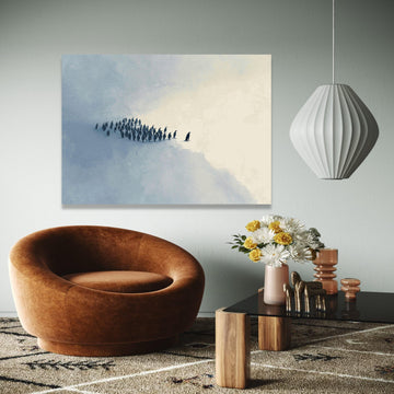 Minimalist Penguin Group Canvas, Cold Winter Scene Wall Art, Abstract Animal Painting, Modern Nature Canvas Gift Art, Home Decor, Print