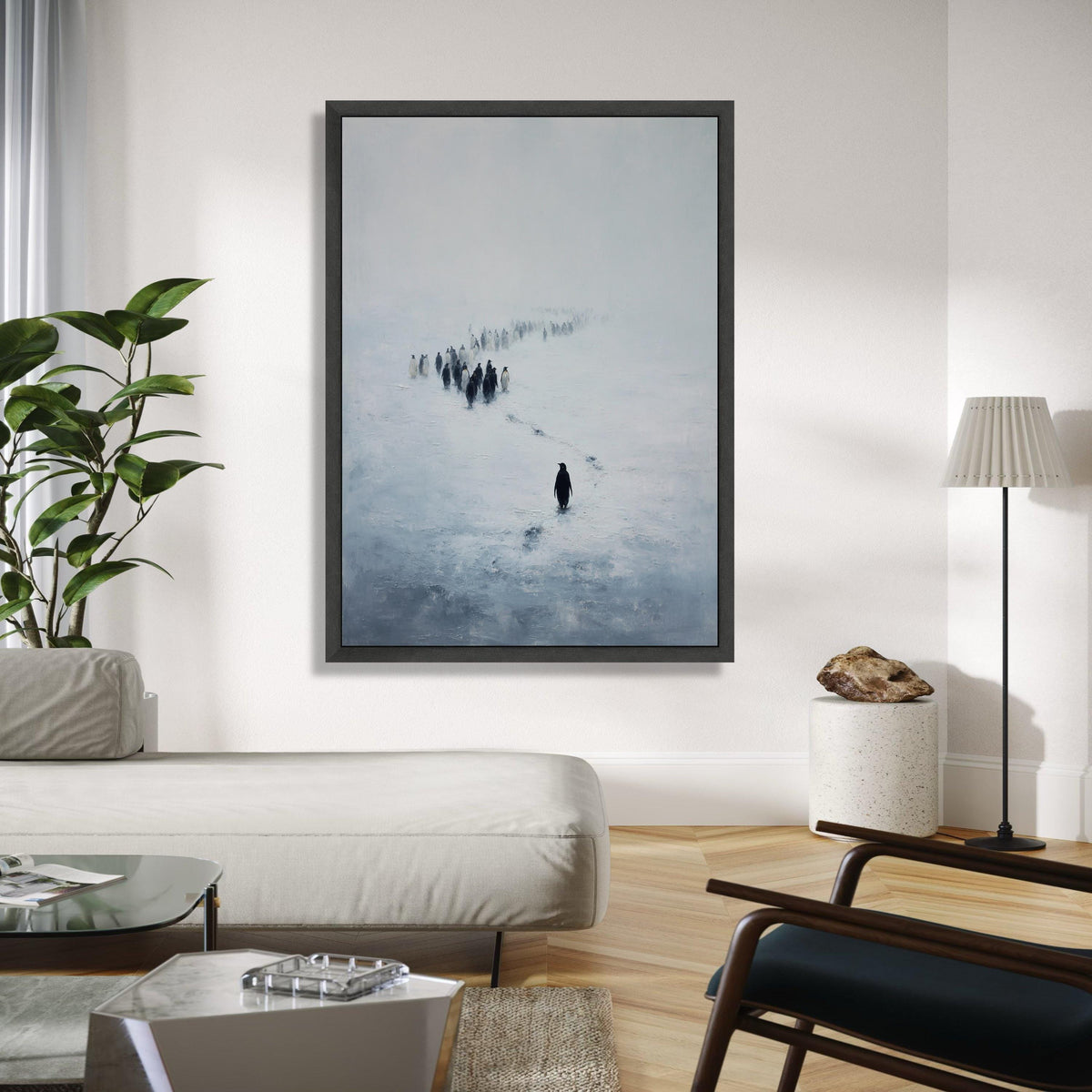 Lone Penguin Trail, Snowy Landscape Canvas, Minimalist Animal Wall Art, Winter Nature Scene, Arctic Wildlife Gift Art, Home Decor, Print