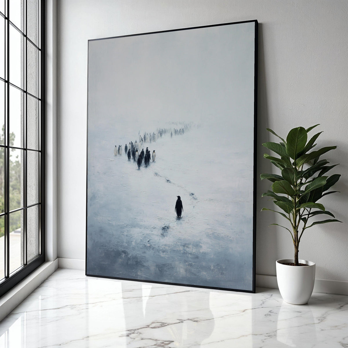 Lone Penguin Trail, Snowy Landscape Canvas, Minimalist Animal Wall Art, Winter Nature Scene, Arctic Wildlife Gift Art, Home Decor, Print