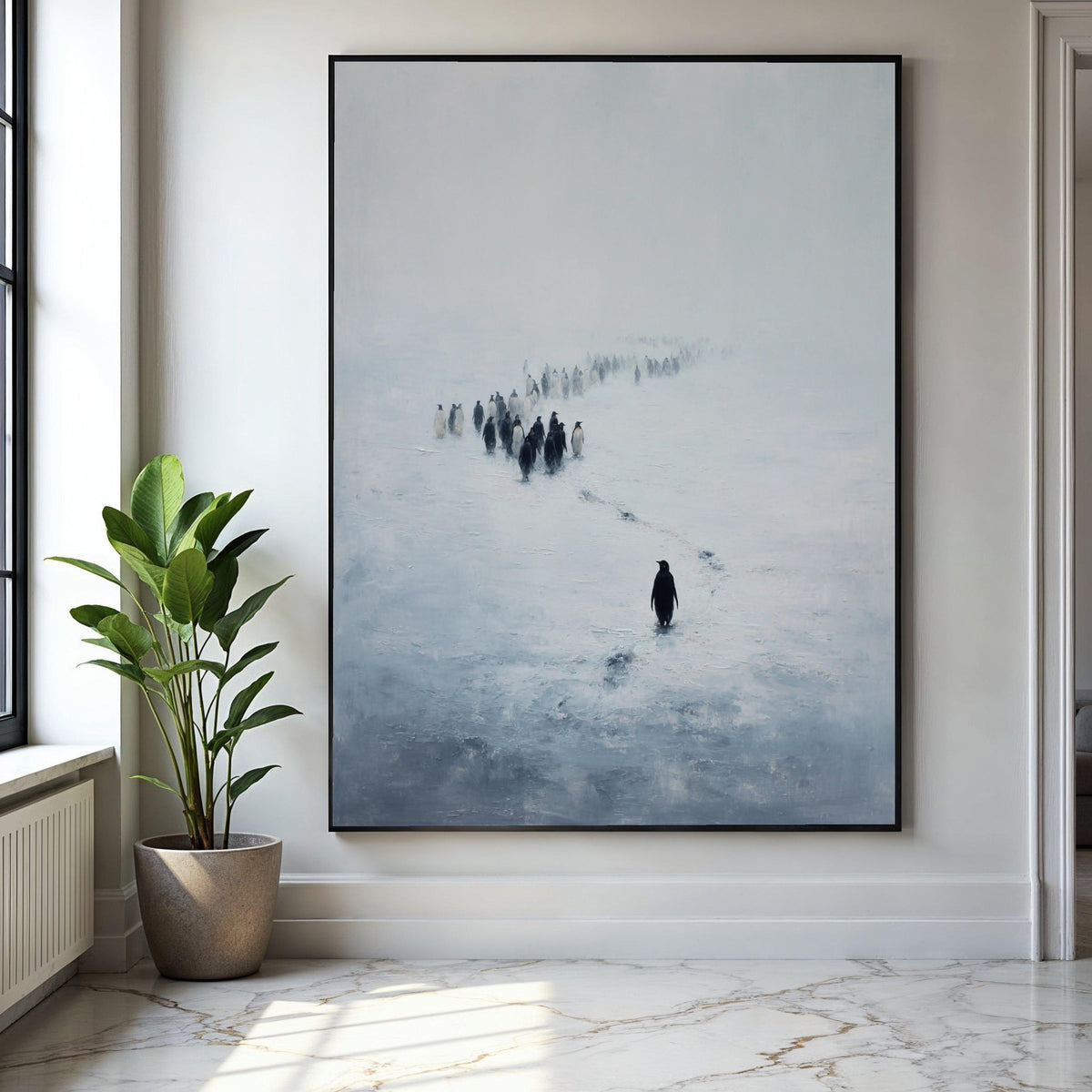 Lone Penguin Trail, Snowy Landscape Canvas, Minimalist Animal Wall Art, Winter Nature Scene, Arctic Wildlife Gift Art, Home Decor, Print