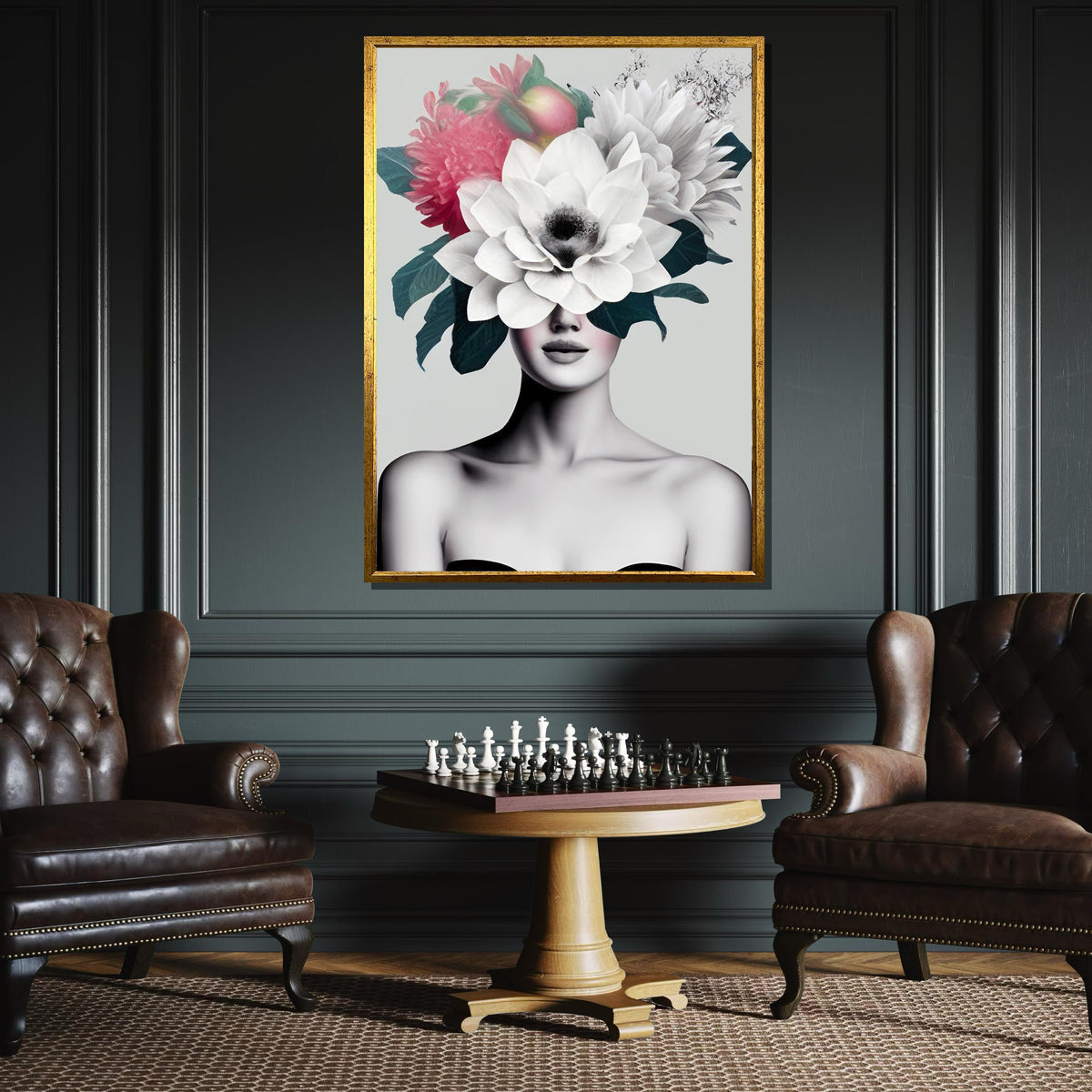 Floral Crown Woman Canvas, Modern Minimalist Art, Abstract Botanical Portrait, Feminine Wall Decor,Woman Decor,Ready to Hang