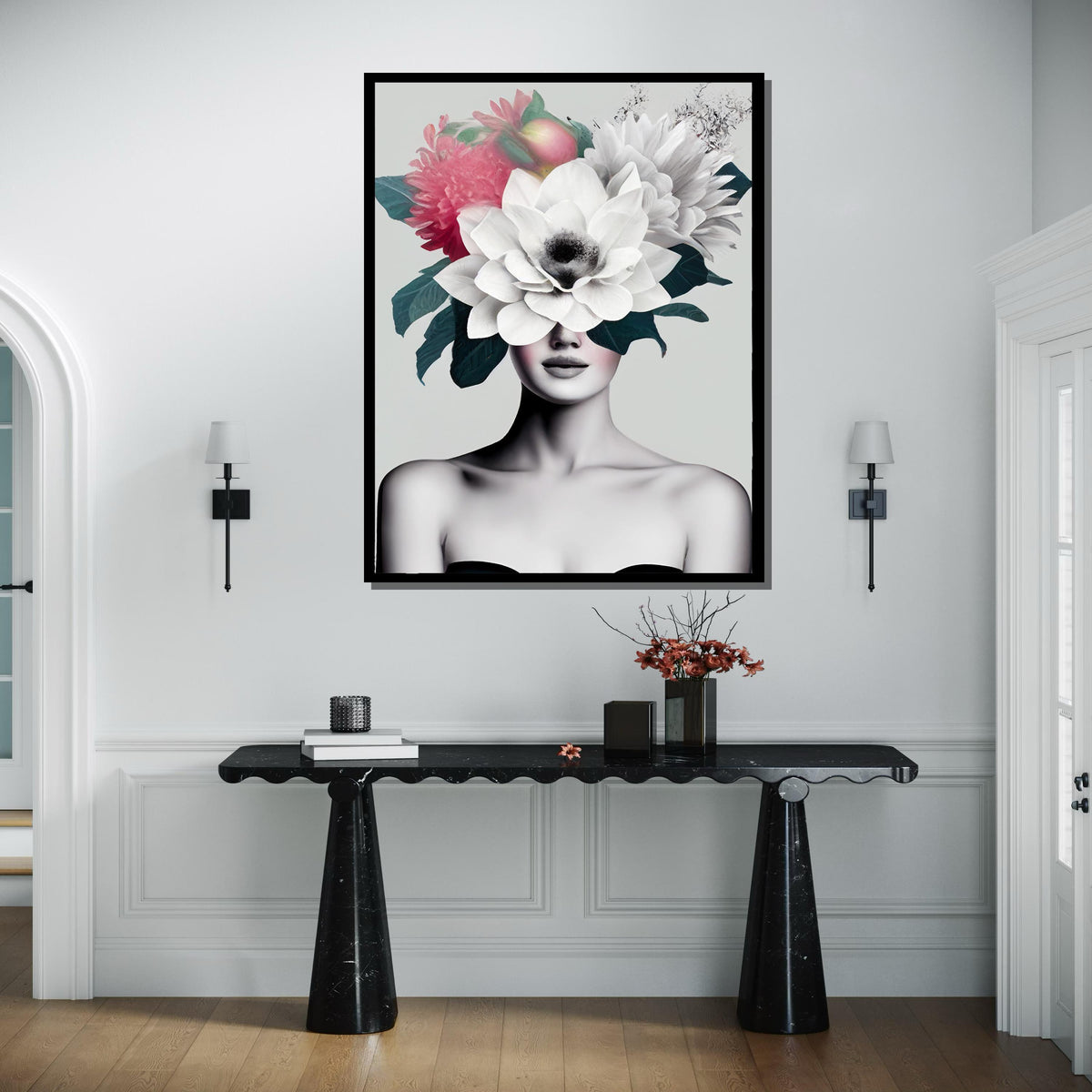 Floral Crown Woman Canvas, Modern Minimalist Art, Abstract Botanical Portrait, Feminine Wall Decor,Woman Decor,Ready to Hang