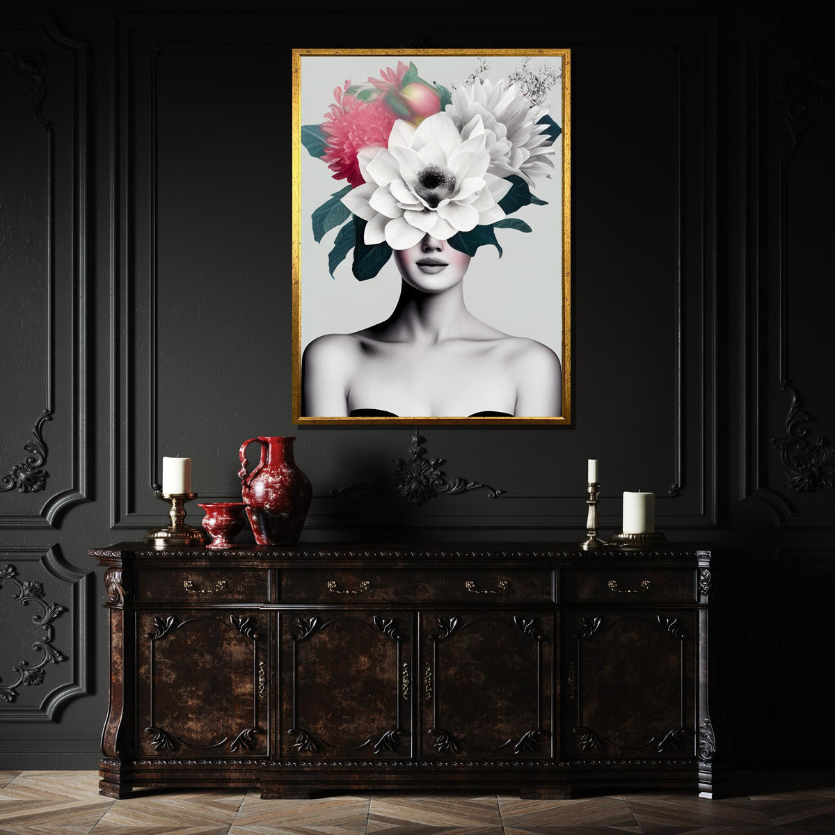 Floral Crown Woman Canvas, Modern Minimalist Art, Abstract Botanical Portrait, Feminine Wall Decor,Woman Decor,Ready to Hang