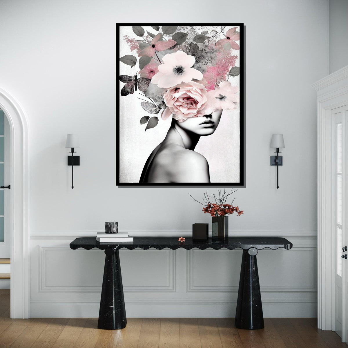 Floral Crown Woman Canvas, Modern Minimalist Art, Abstract Botanical Portrait, Feminine Wall Decor,Woman Decor,Ready to Hang