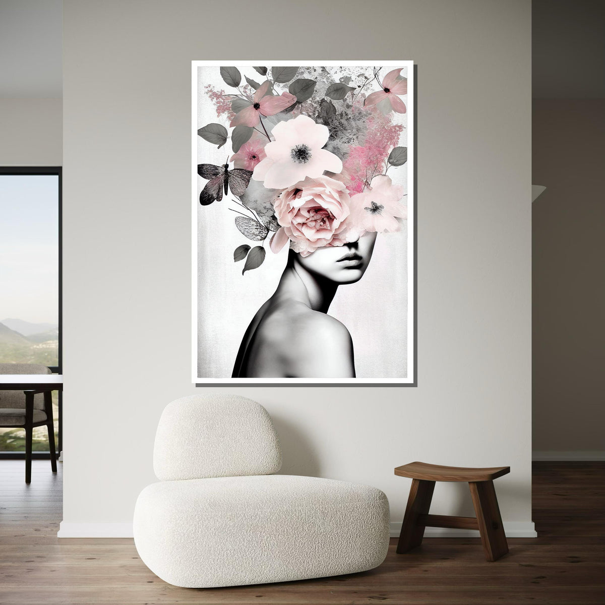 Floral Crown Woman Canvas, Modern Minimalist Art, Abstract Botanical Portrait, Feminine Wall Decor,Woman Decor,Ready to Hang