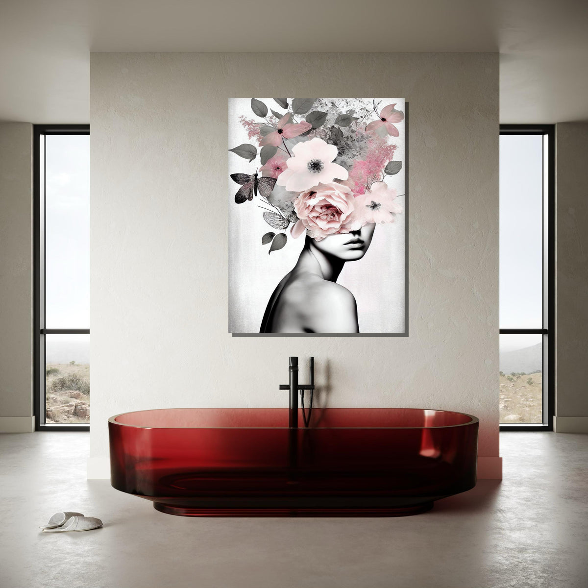 Floral Crown Woman Canvas, Modern Minimalist Art, Abstract Botanical Portrait, Feminine Wall Decor,Woman Decor,Ready to Hang