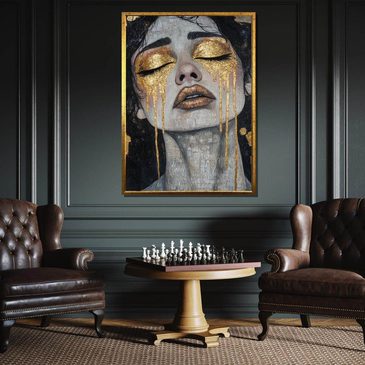 Golden Tears Canvas, Emotional Woman Portrait Art, Textured Gold Accent Wall Art, Modern Feminine Painting, Luxury Abstract Artwork