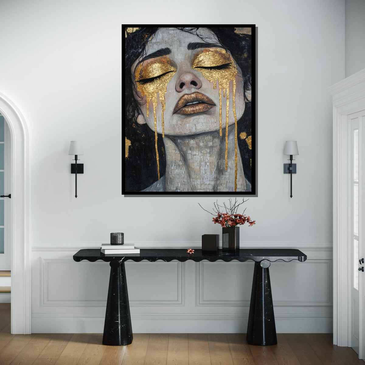 Golden Tears Canvas, Emotional Woman Portrait Art, Textured Gold Accent Wall Art, Modern Feminine Painting, Luxury Abstract Artwork