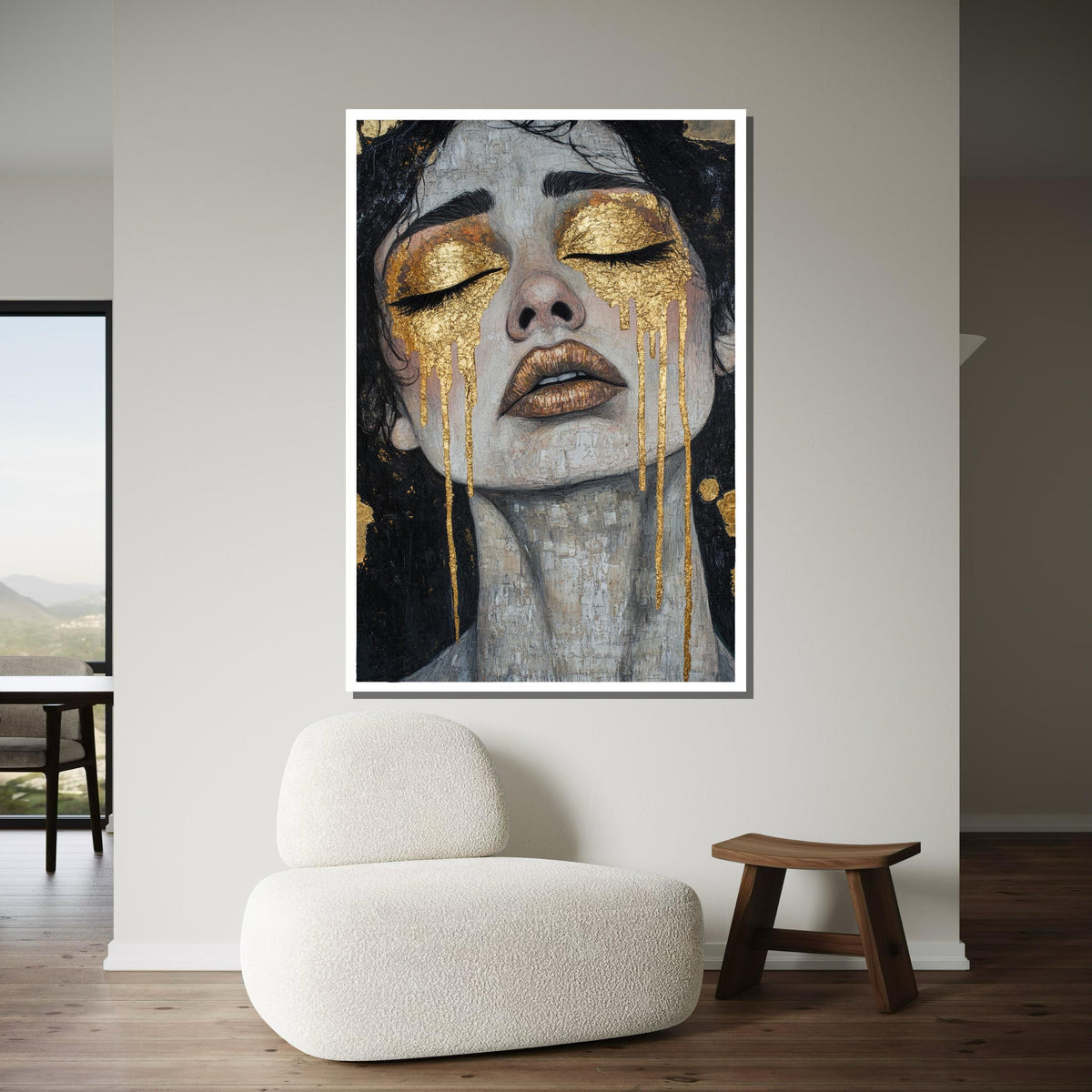 Golden Tears Canvas, Emotional Woman Portrait Art, Textured Gold Accent Wall Art, Modern Feminine Painting, Luxury Abstract Artwork