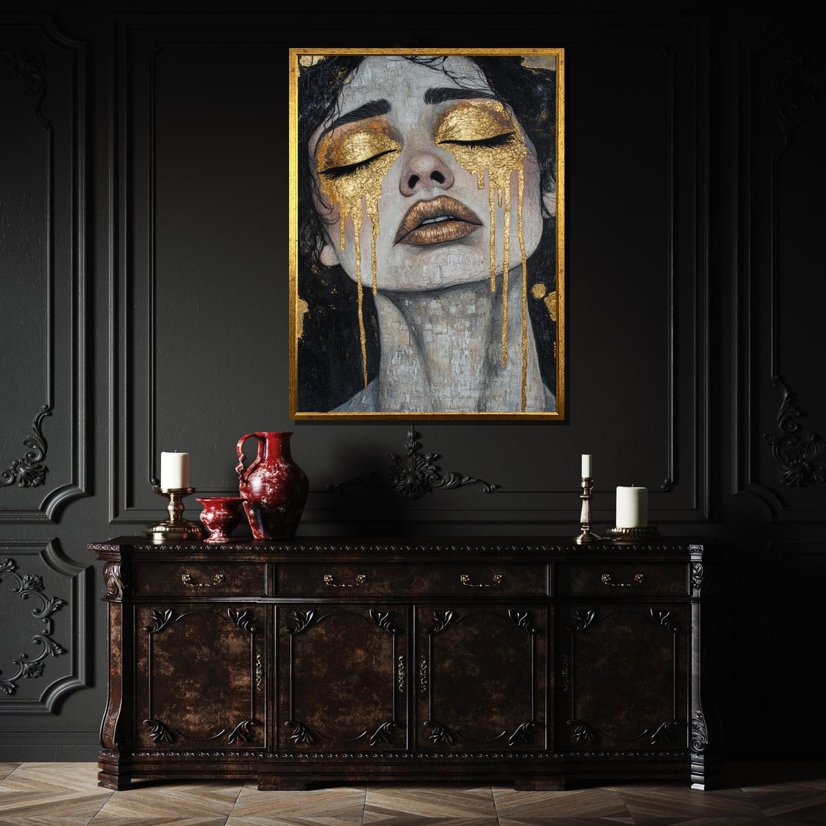 Golden Tears Canvas, Emotional Woman Portrait Art, Textured Gold Accent Wall Art, Modern Feminine Painting, Luxury Abstract Artwork