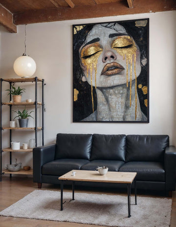 Golden Tears Canvas, Emotional Woman Portrait Art, Textured Gold Accent Wall Art, Modern Feminine Painting, Luxury Abstract Artwork