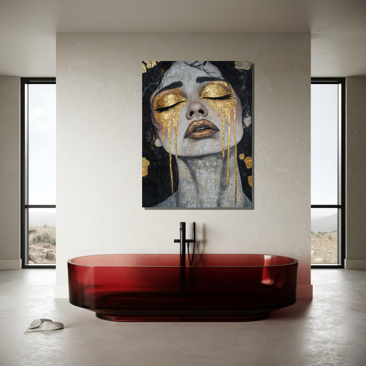 Golden Tears Canvas, Emotional Woman Portrait Art, Textured Gold Accent Wall Art, Modern Feminine Painting, Luxury Abstract Artwork