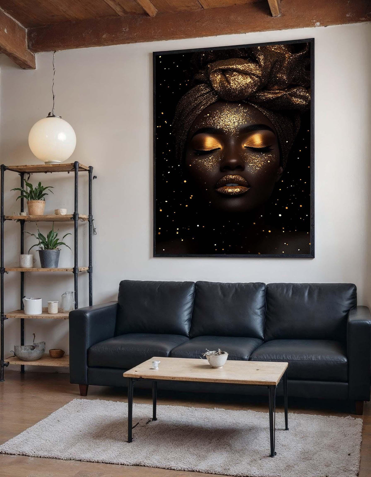 Golden Goddess Canvas,Glitter Glam Art,Gold Dust Portrait Wall Art,Luxurious Black and Gold Decor,Divine Feminine Painting,Ready to Hang Art