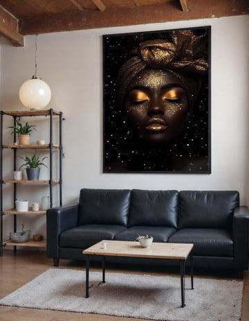Golden Goddess Canvas,Glitter Glam Art,Gold Dust Portrait Wall Art,Luxurious Black and Gold Decor,Divine Feminine Painting,Ready to Hang Art