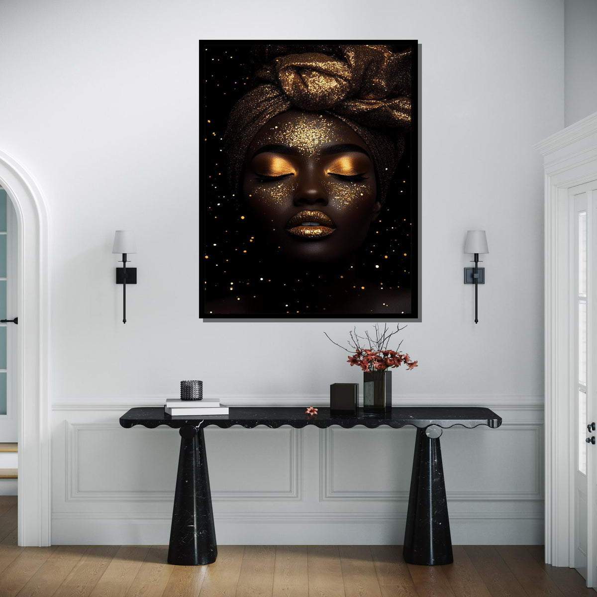 Golden Goddess Canvas,Glitter Glam Art,Gold Dust Portrait Wall Art,Luxurious Black and Gold Decor,Divine Feminine Painting,Ready to Hang Art