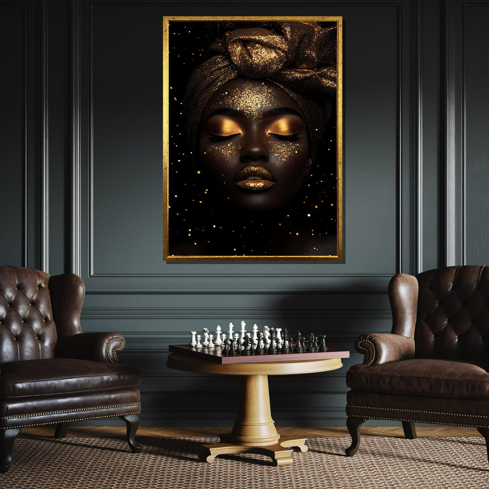 Golden Goddess Canvas,Glitter Glam Art,Gold Dust Portrait Wall Art,Luxurious Black and Gold Decor,Divine Feminine Painting,Ready to Hang Art