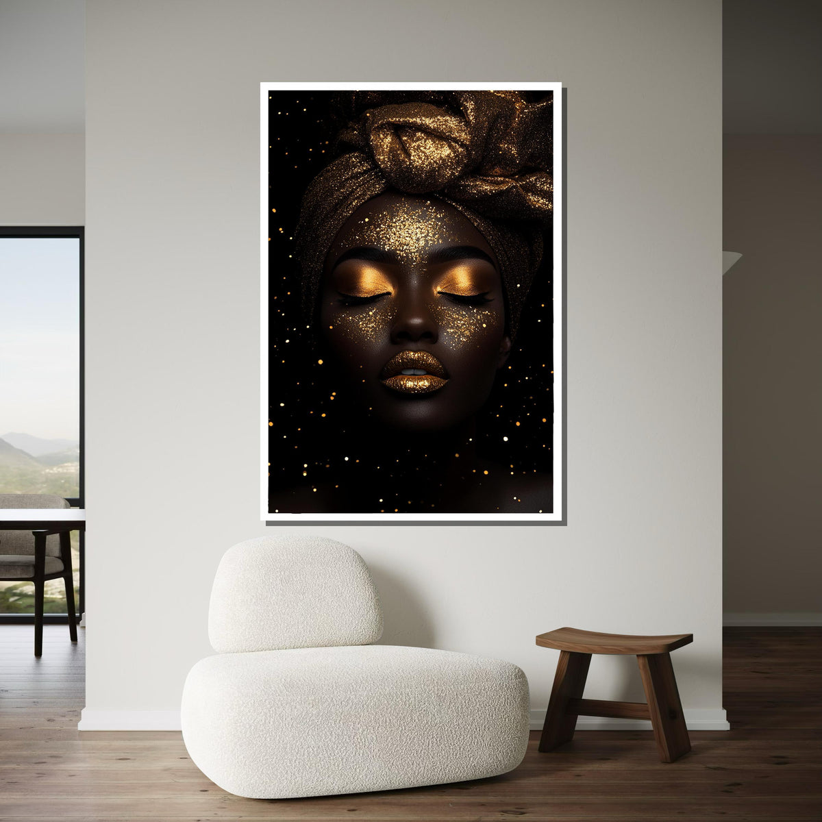 Golden Goddess Canvas,Glitter Glam Art,Gold Dust Portrait Wall Art,Luxurious Black and Gold Decor,Divine Feminine Painting,Ready to Hang Art
