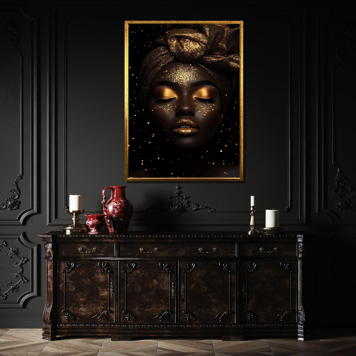 Golden Goddess Canvas,Glitter Glam Art,Gold Dust Portrait Wall Art,Luxurious Black and Gold Decor,Divine Feminine Painting,Ready to Hang Art