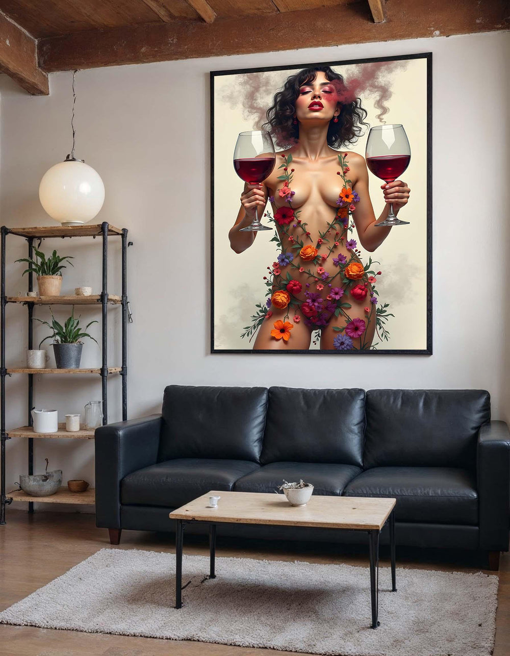 Floral Wine Goddess Canvas, Sensual Feminine Art, Elegant Nude and Flower Decor, Artistic Wine-Inspired Portrait, Wall Art Canvas Design