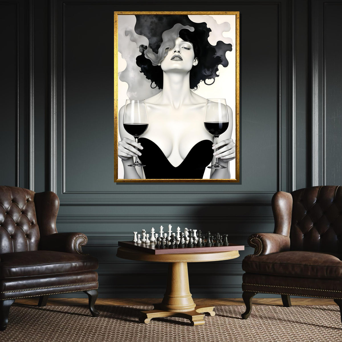 Elegant Femme Fatale Art, Wine Art Canvas,Black and White Wine Canvas, Sensual Wall Art Print, Modern Glam Wall Decor,Sexy Art Canvas Design