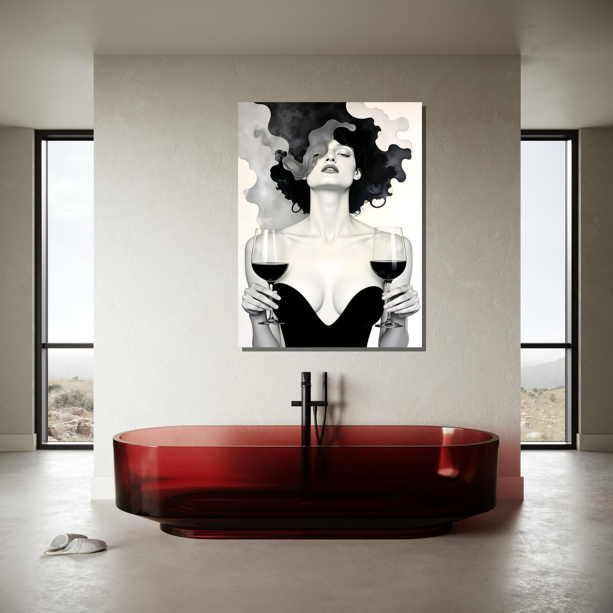 Elegant Femme Fatale Art, Wine Art Canvas,Black and White Wine Canvas, Sensual Wall Art Print, Modern Glam Wall Decor,Sexy Art Canvas Design