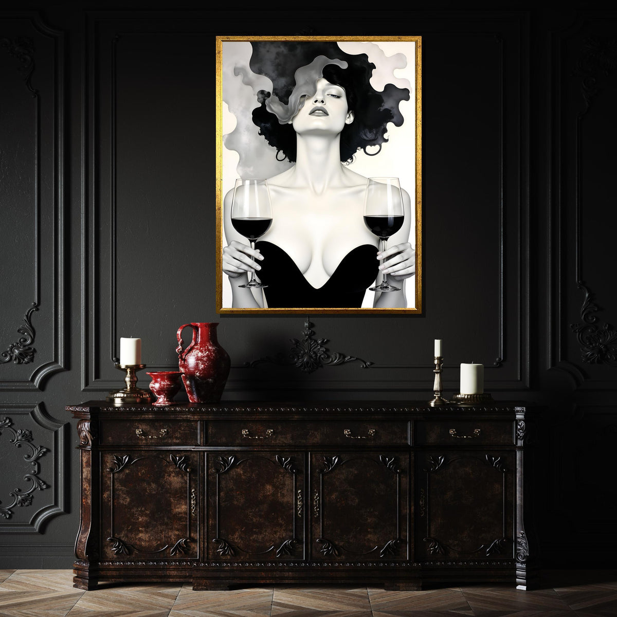 Elegant Femme Fatale Art, Wine Art Canvas,Black and White Wine Canvas, Sensual Wall Art Print, Modern Glam Wall Decor,Sexy Art Canvas Design