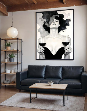 Elegant Femme Fatale Art, Wine Art Canvas,Black and White Wine Canvas, Sensual Wall Art Print, Modern Glam Wall Decor,Sexy Art Canvas Design