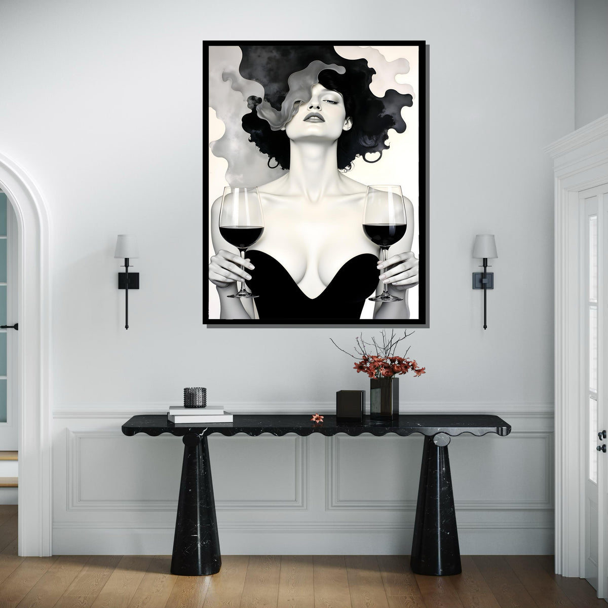 Elegant Femme Fatale Art, Wine Art Canvas,Black and White Wine Canvas, Sensual Wall Art Print, Modern Glam Wall Decor,Sexy Art Canvas Design