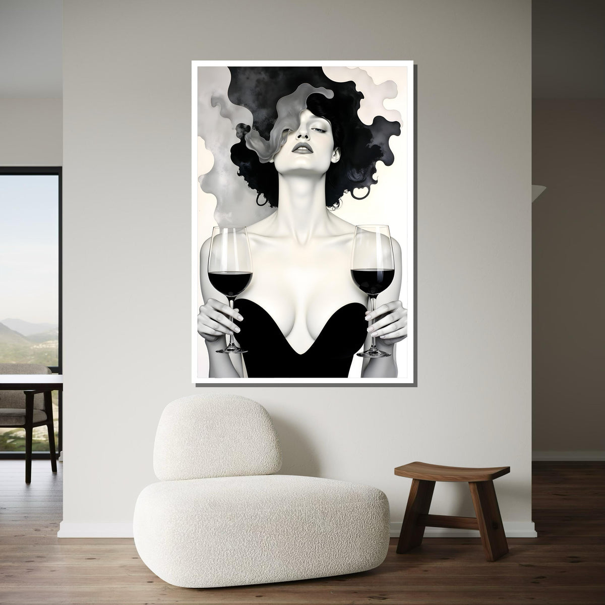 Elegant Femme Fatale Art, Wine Art Canvas,Black and White Wine Canvas, Sensual Wall Art Print, Modern Glam Wall Decor,Sexy Art Canvas Design