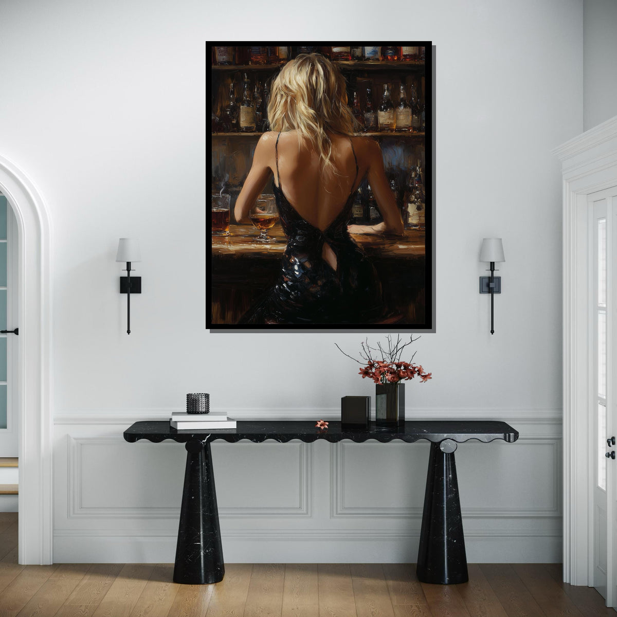 Elegant Bar Scene Canvas, Woman in Black Dress Art, Sophisticated Evening Wall Art,Backless Gown Portrait,Romantic Canvas, Ready To Hang Art