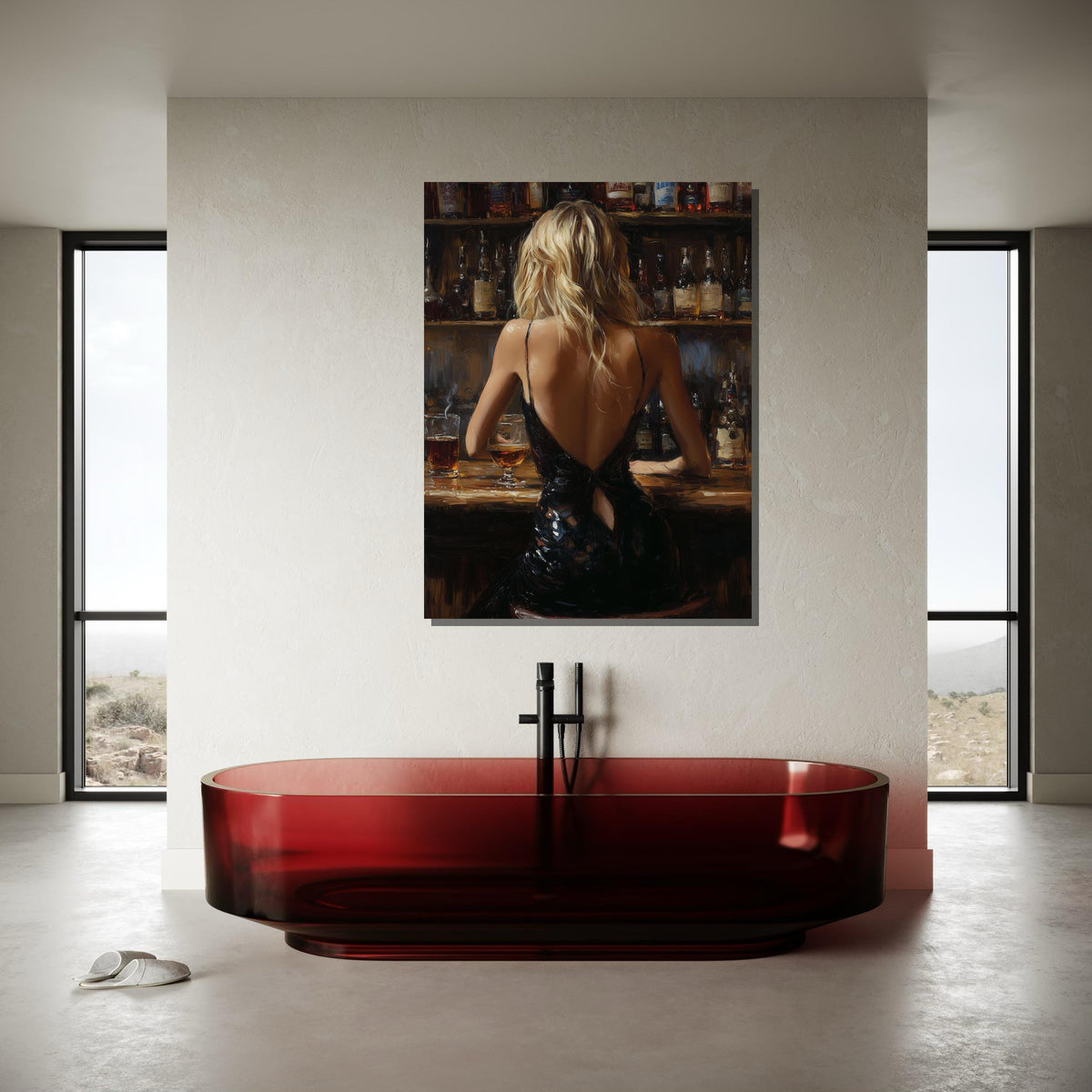 Elegant Bar Scene Canvas, Woman in Black Dress Art, Sophisticated Evening Wall Art,Backless Gown Portrait,Romantic Canvas, Ready To Hang Art
