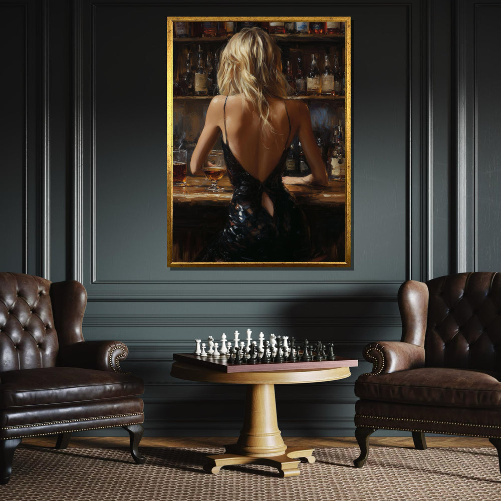 Elegant Bar Scene Canvas, Woman in Black Dress Art, Sophisticated Evening Wall Art,Backless Gown Portrait,Romantic Canvas, Ready To Hang Art