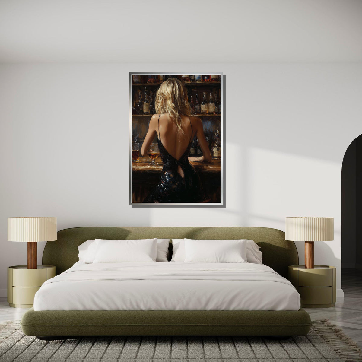 Elegant Bar Scene Canvas, Woman in Black Dress Art, Sophisticated Evening Wall Art,Backless Gown Portrait,Romantic Canvas, Ready To Hang Art
