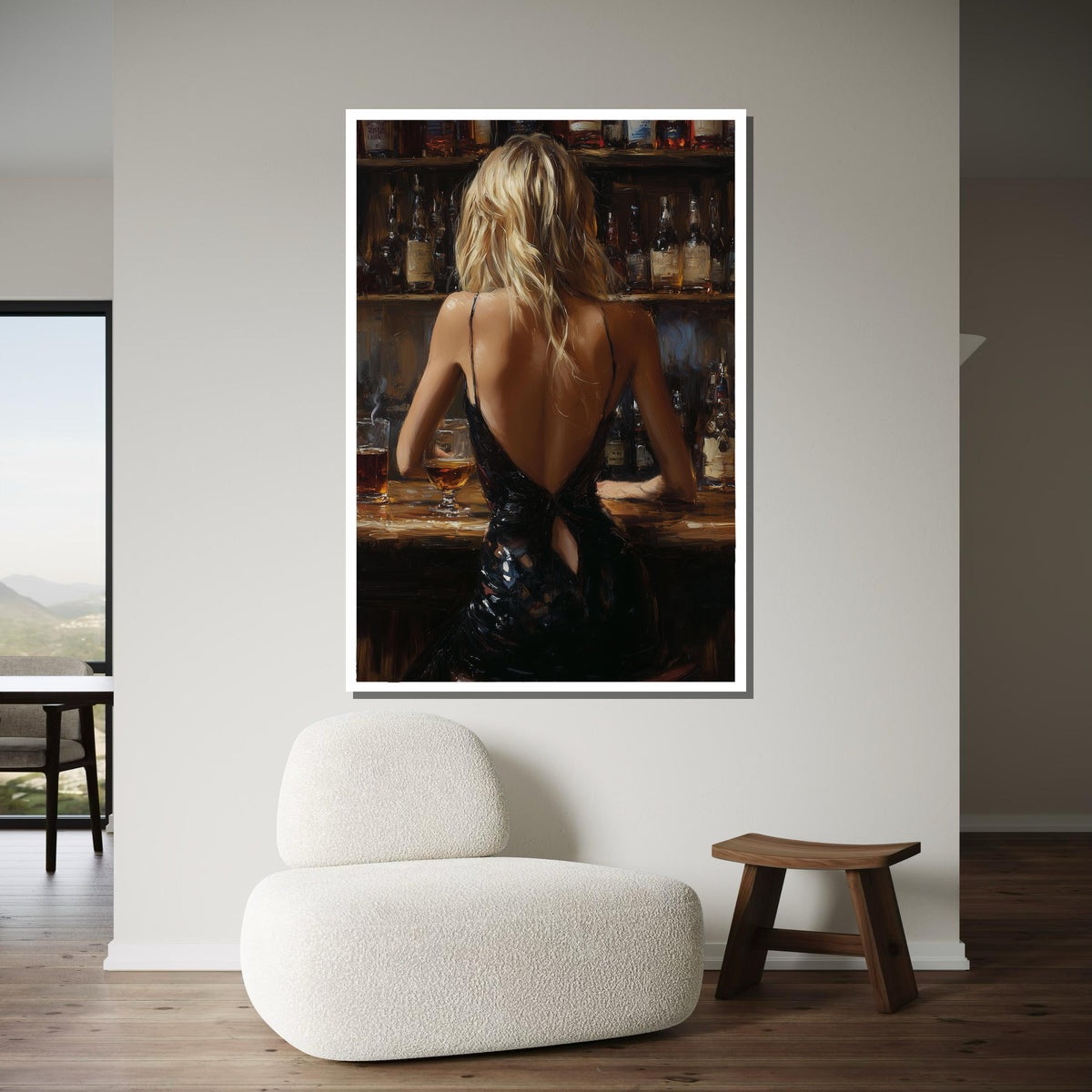 Elegant Bar Scene Canvas, Woman in Black Dress Art, Sophisticated Evening Wall Art,Backless Gown Portrait,Romantic Canvas, Ready To Hang Art