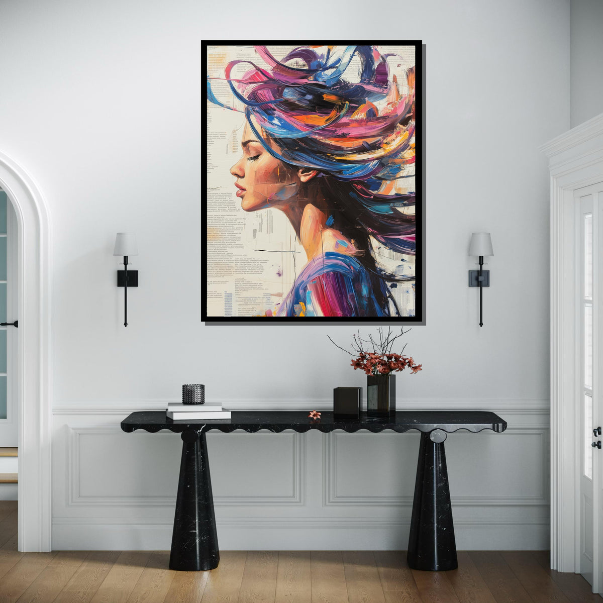 Abstract Woman Canvas, Colorful Hair Portrait,Modern Abstract Wall Art, Vibrant Female Profile, ArtisticWall Decor, Ready To Hang Decoration