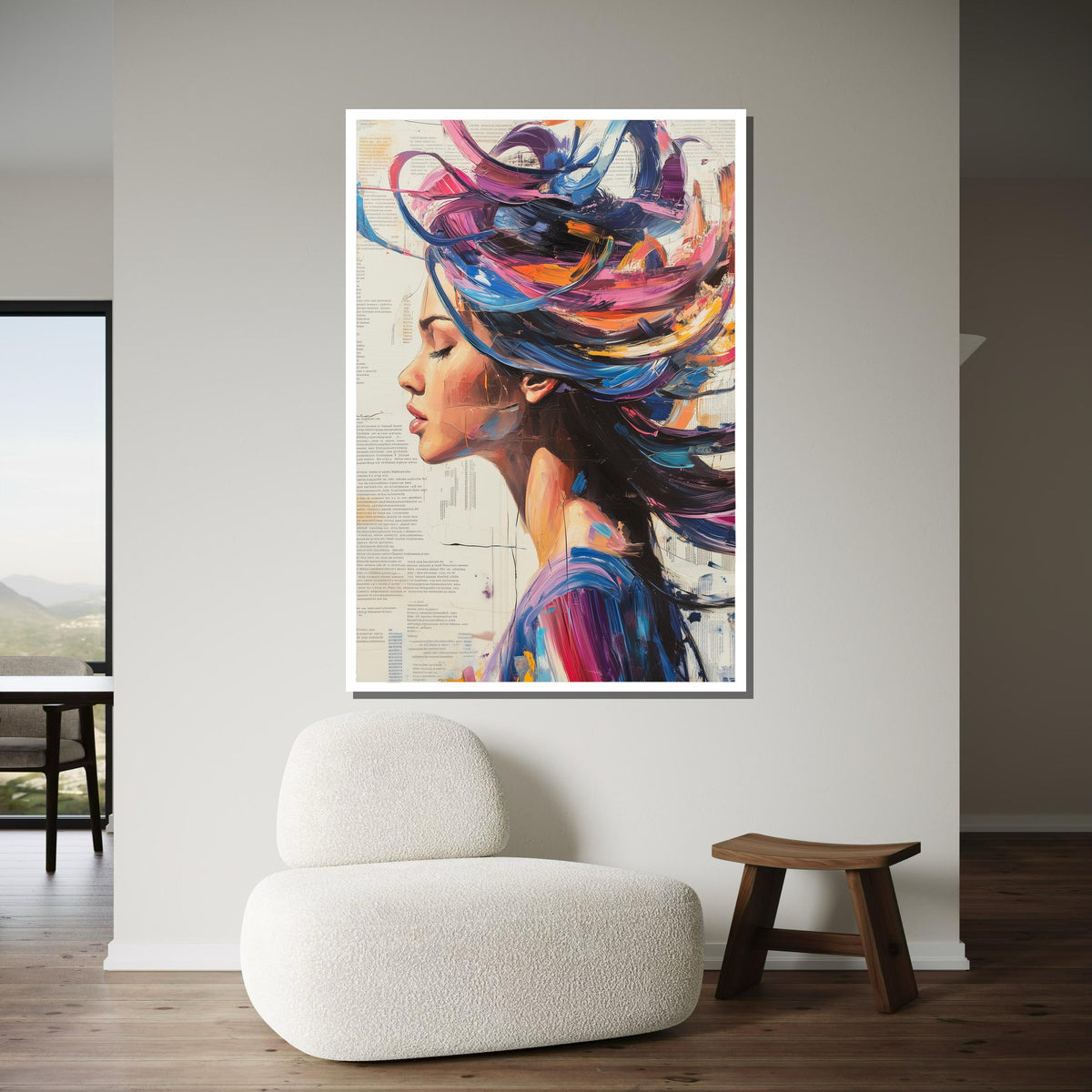 Abstract Woman Canvas, Colorful Hair Portrait,Modern Abstract Wall Art, Vibrant Female Profile, ArtisticWall Decor, Ready To Hang Decoration