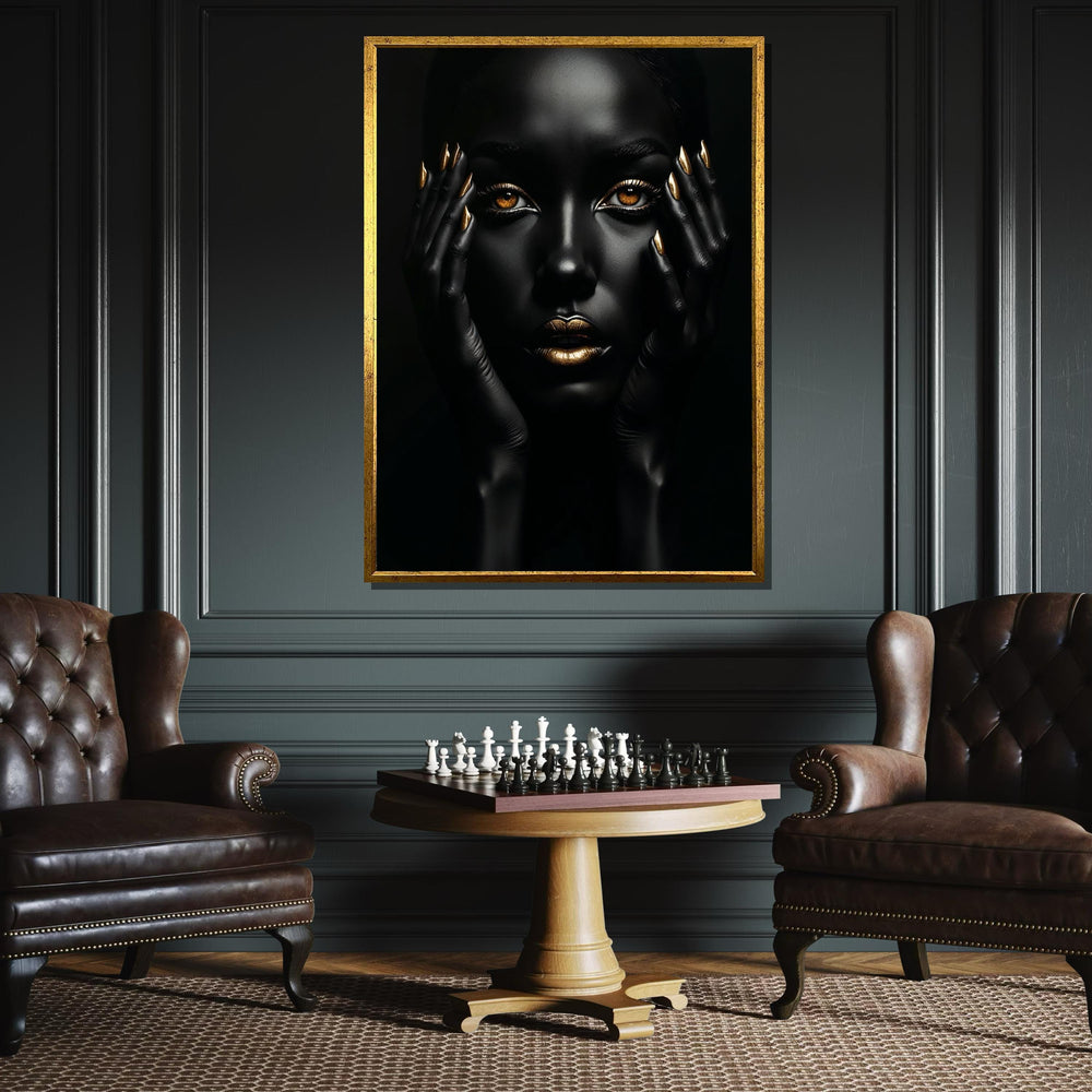 Afro Woman Wall Art,Black and Gold Beauty Portrait Canvas, Ethnic Art, Gold Minimalist Decor, Black Woman Artwork, Ready to Hang Art