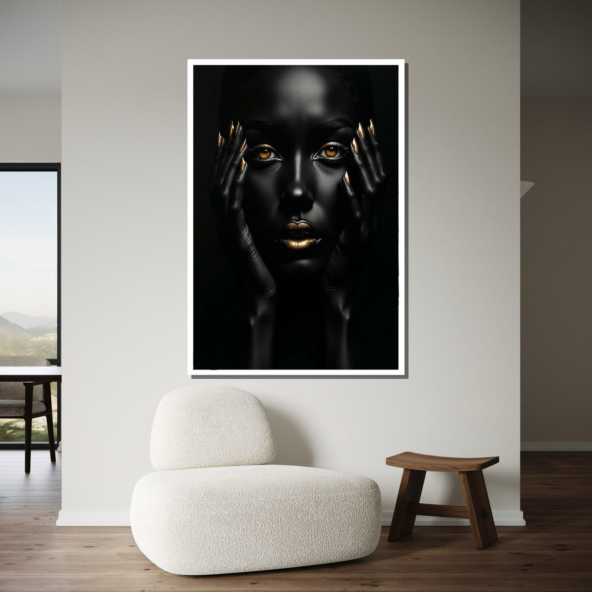 Afro Woman Wall Art,Black and Gold Beauty Portrait Canvas, Ethnic Art, Gold Minimalist Decor, Black Woman Artwork, Ready to Hang Art
