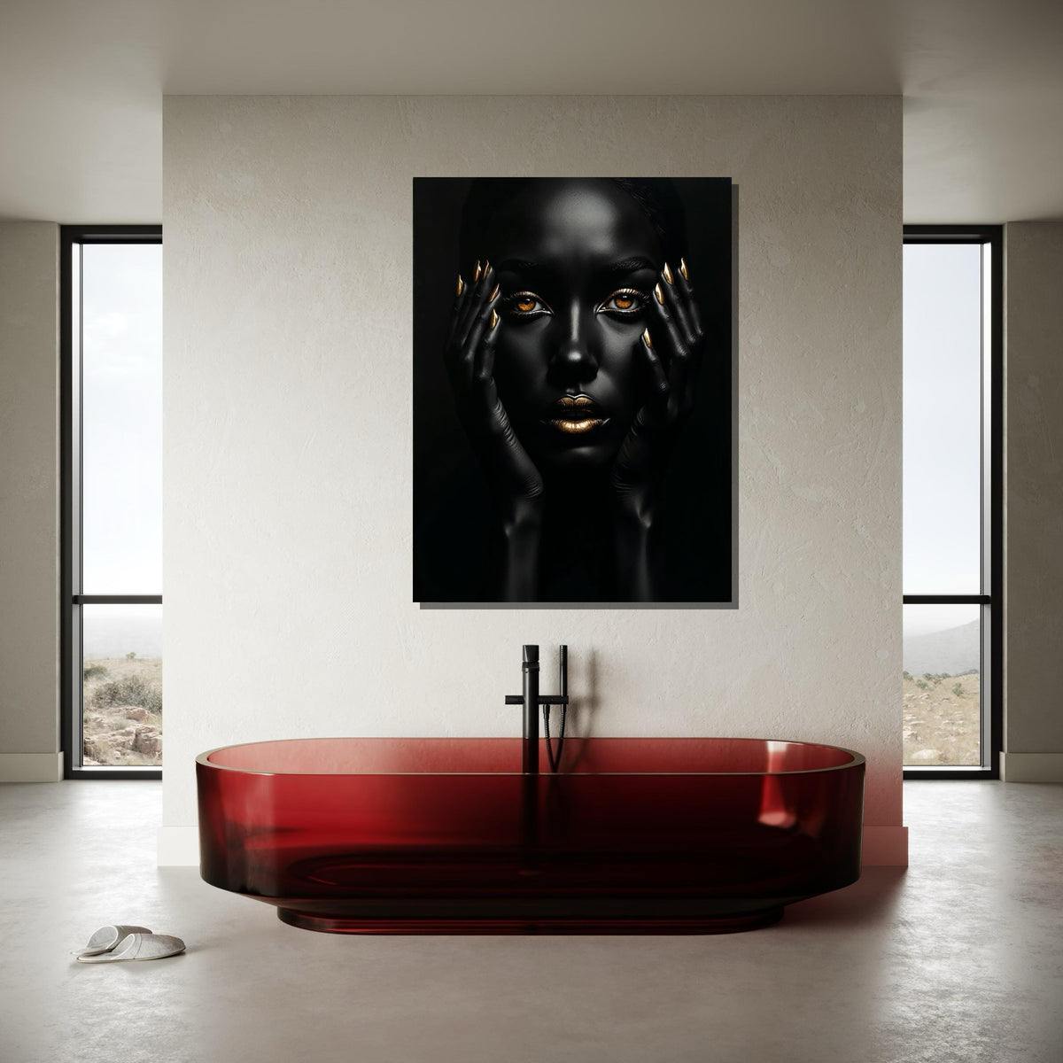 Afro Woman Wall Art,Black and Gold Beauty Portrait Canvas, Ethnic Art, Gold Minimalist Decor, Black Woman Artwork, Ready to Hang Art