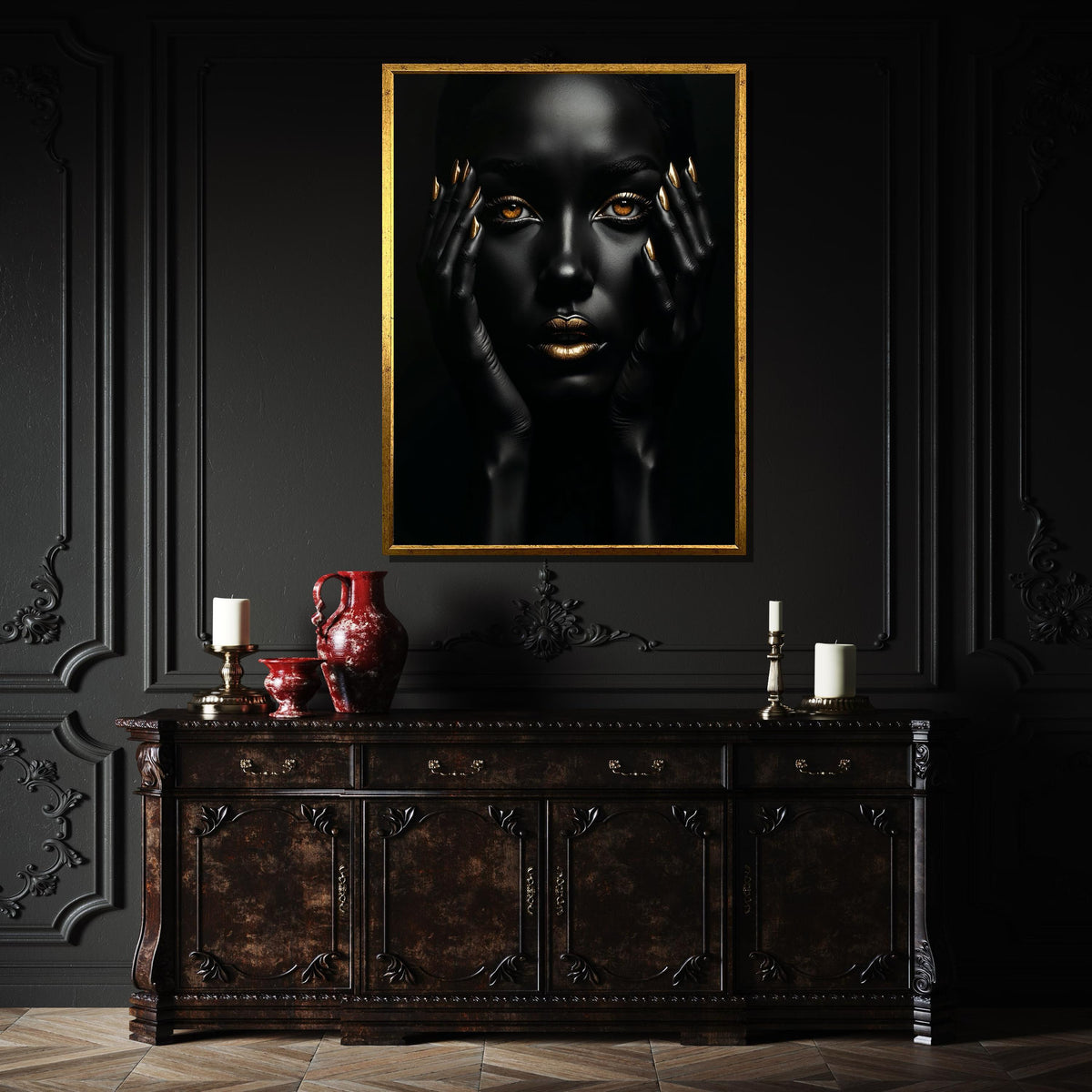 Afro Woman Wall Art,Black and Gold Beauty Portrait Canvas, Ethnic Art, Gold Minimalist Decor, Black Woman Artwork, Ready to Hang Art