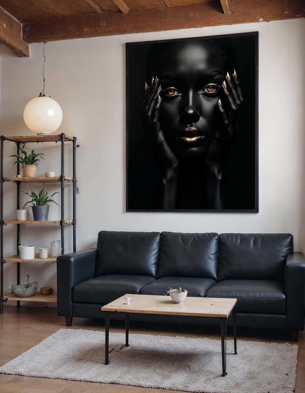 Afro Woman Wall Art,Black and Gold Beauty Portrait Canvas, Ethnic Art, Gold Minimalist Decor, Black Woman Artwork, Ready to Hang Art