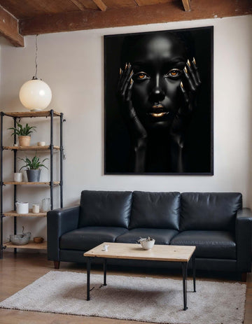 Afro Woman Wall Art,Black and Gold Beauty Portrait Canvas, Ethnic Art, Gold Minimalist Decor, Black Woman Artwork, Ready to Hang Art