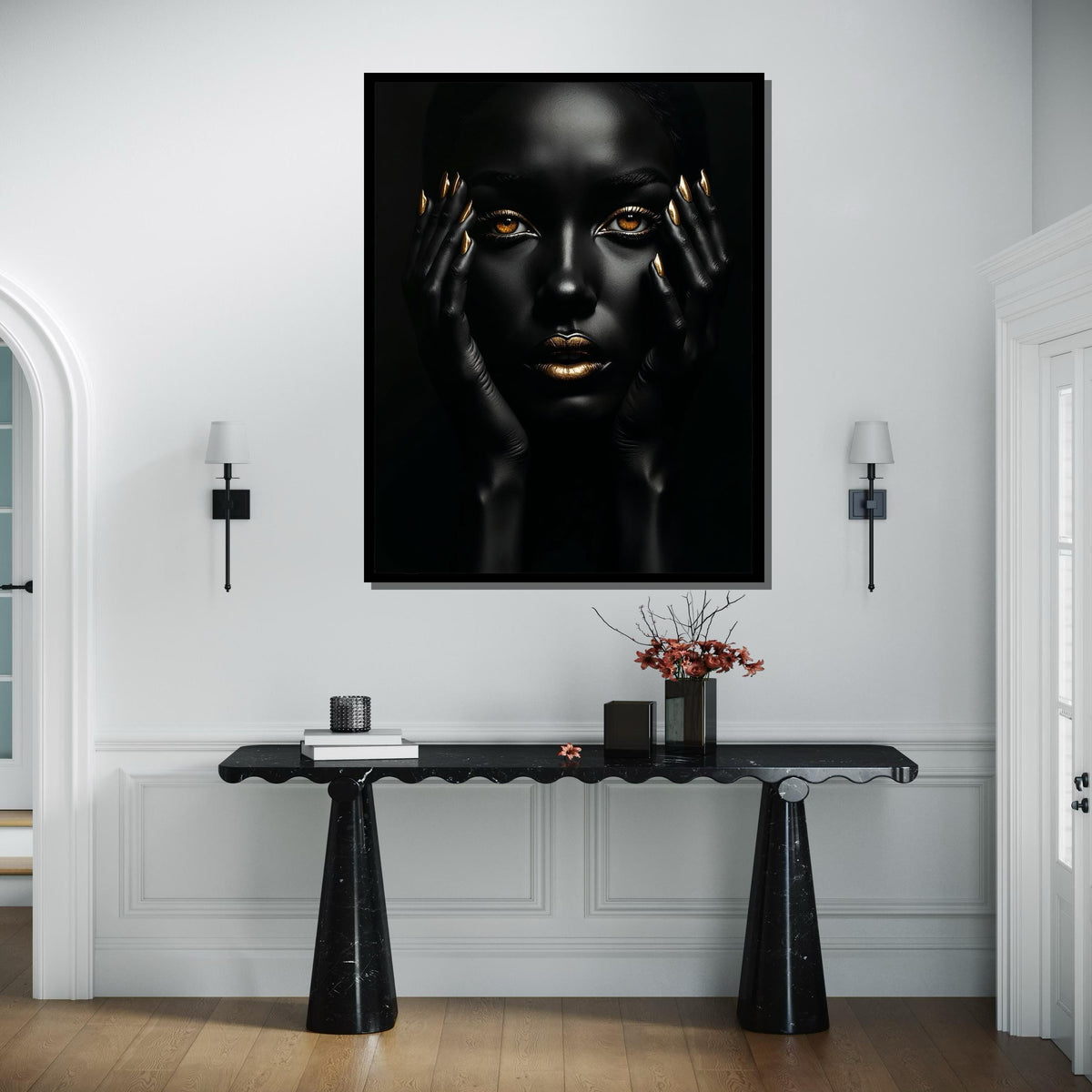 Afro Woman Wall Art,Black and Gold Beauty Portrait Canvas, Ethnic Art, Gold Minimalist Decor, Black Woman Artwork, Ready to Hang Art