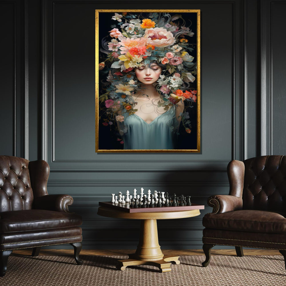 Ethereal Floral Goddess Canvas, Dreamlike Portrait Wall Art, Elegant Blooming Head Artwork, Feminine Nature Decor, Ready to Hang Canvas