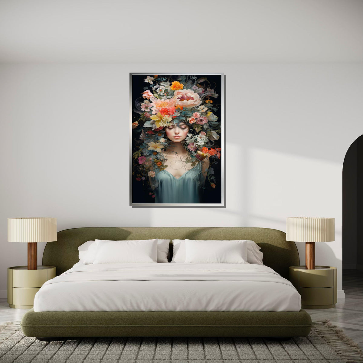 Ethereal Floral Goddess Canvas, Dreamlike Portrait Wall Art, Elegant Blooming Head Artwork, Feminine Nature Decor, Ready to Hang Canvas