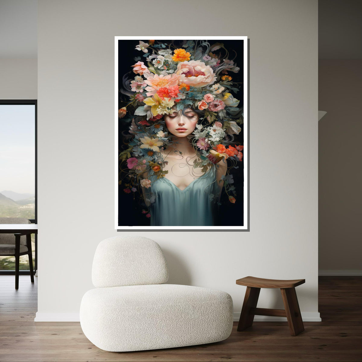 Ethereal Floral Goddess Canvas, Dreamlike Portrait Wall Art, Elegant Blooming Head Artwork, Feminine Nature Decor, Ready to Hang Canvas