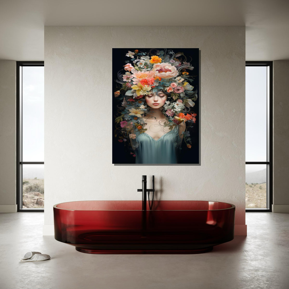 Ethereal Floral Goddess Canvas, Dreamlike Portrait Wall Art, Elegant Blooming Head Artwork, Feminine Nature Decor, Ready to Hang Canvas