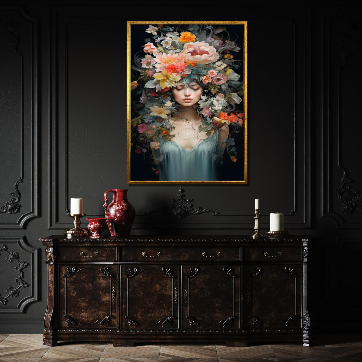 Ethereal Floral Goddess Canvas, Dreamlike Portrait Wall Art, Elegant Blooming Head Artwork, Feminine Nature Decor, Ready to Hang Canvas