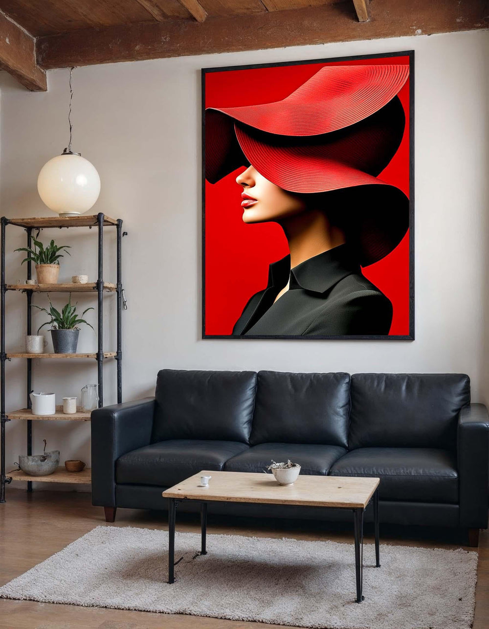Bold Red Hat Portrait Canvas, Woman Wall Decor, Fashion Icon Wall Art, Vibrant Minimalist Decor, Elegant Woman Artwork, Ready to Hang Canvas